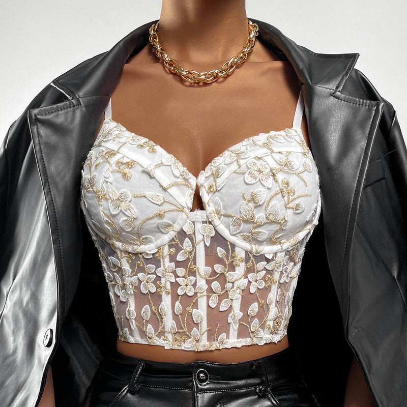 European And American Sexy Lace Embroidery Hollow Flower Inner Vest