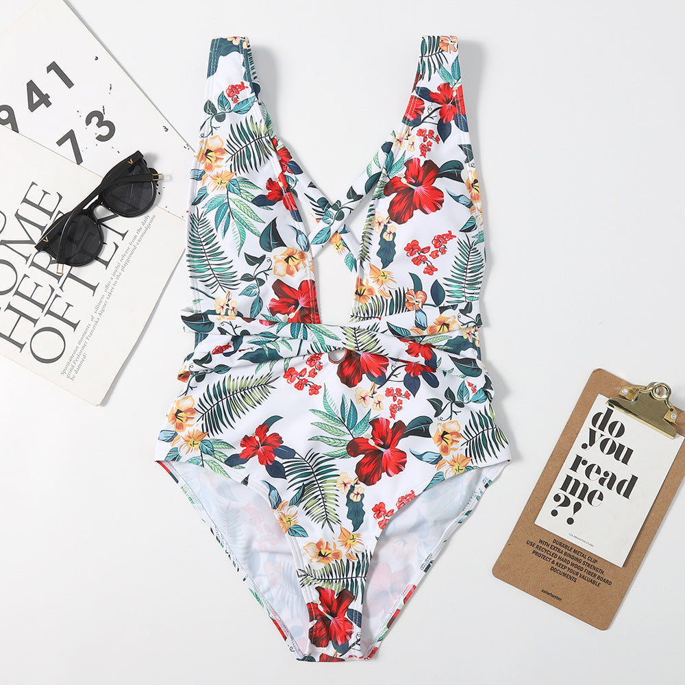 One-piece Swimsuit Korean Small Floral Girl  Chest Gathered Slim Body Cover Belly Vacation Swimsuit