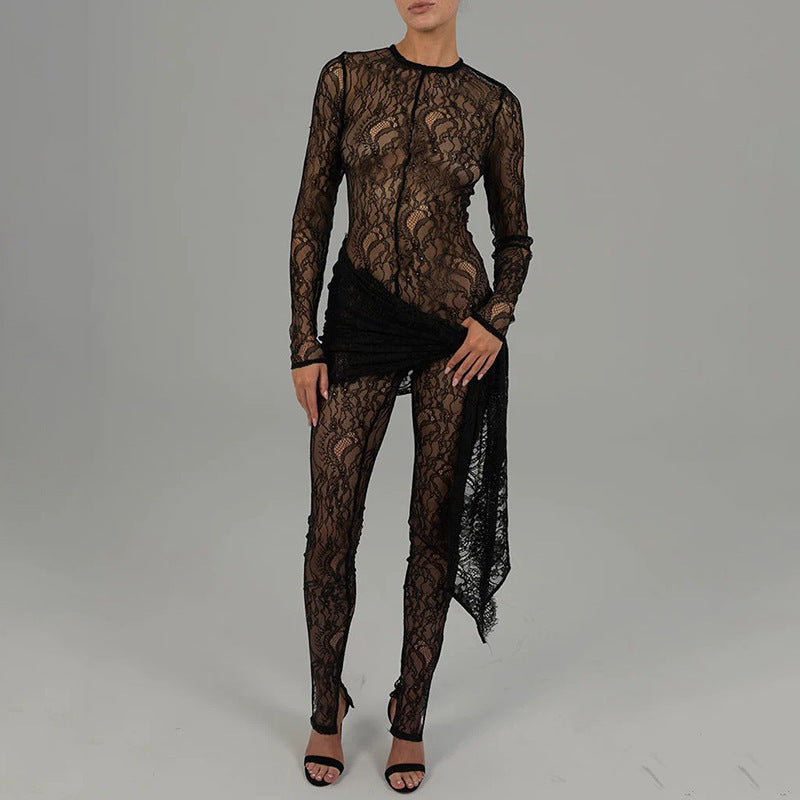 Women's Graceful And Fashionable Lace Up Lace Pattern Jumpsuit