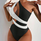 Cross Color Matching Lace Up Swimsuit For Women
