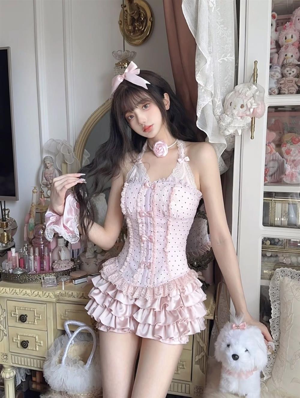 Bow Lace Halter Lace-up Top Multi-layer Puffy Skirt Outfit