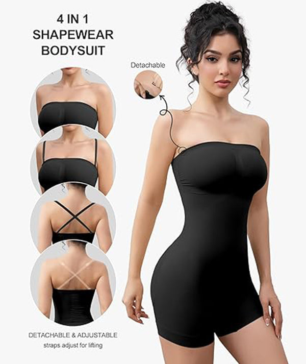 Off Shoulder Bandeau Shapewear Bodysuit For Women, Sexy Strapless Tummy Control Waist Slim Butt Lifting Seamless Body Sculpting Suit
