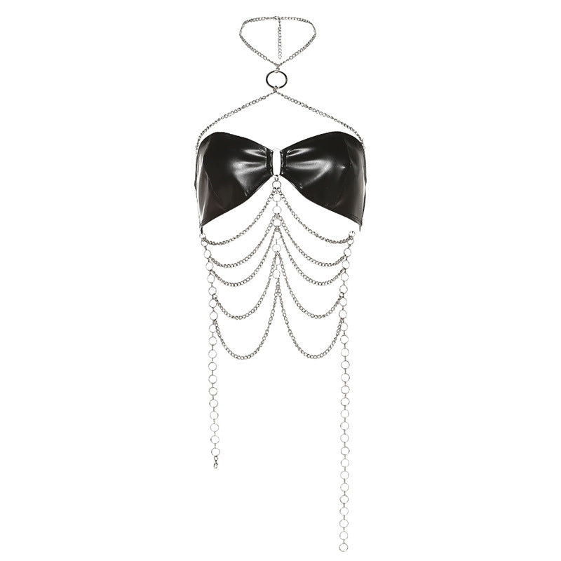 European And American PU Leather Cross Neck Hanging Chain Outer Wear Inner Wear Tube Top