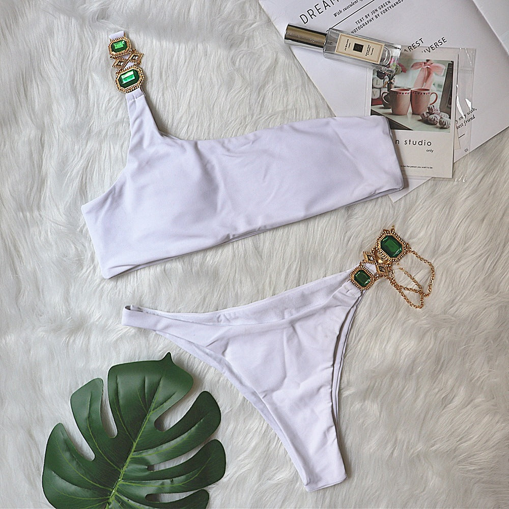 New Swimsuit Luxury Crystal Diamond Chain Women's Split Swimsuit Plain One Shoulder European And American Bikini