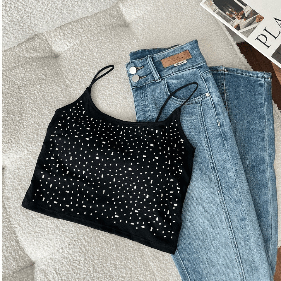 Womens High-waisted Midriff-baring Top With A Square Neckline Featuring A Double-layer Mesh Design