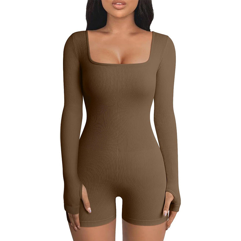 Threaded Long Sleeved Square Neck Shorts Jumpsuit