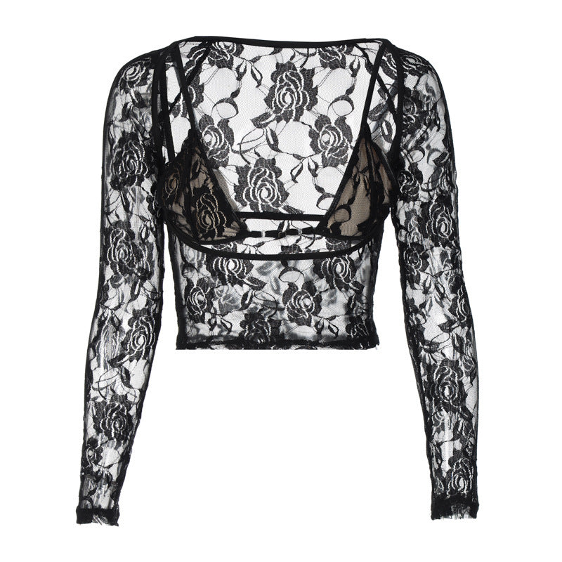 See-through Lace Shirt Low-cut High Elastic Tight Top Long Sleeve Inner Wear