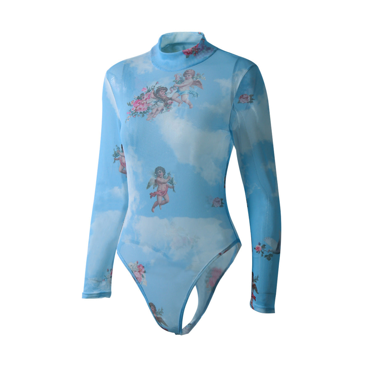 European And American Angel Net Printed Long Sleeve Jumpsuit