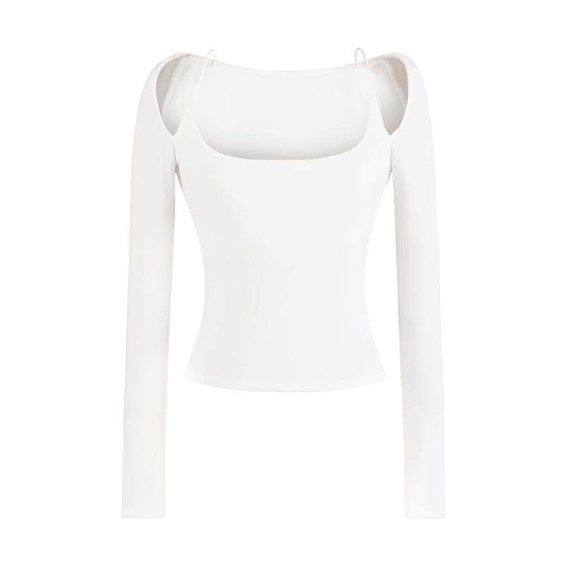 Off-shoulder Halter-neck Long-sleeve T-shirt With A Plunging Neckline A Sleek Ultra-feminine Base Layer