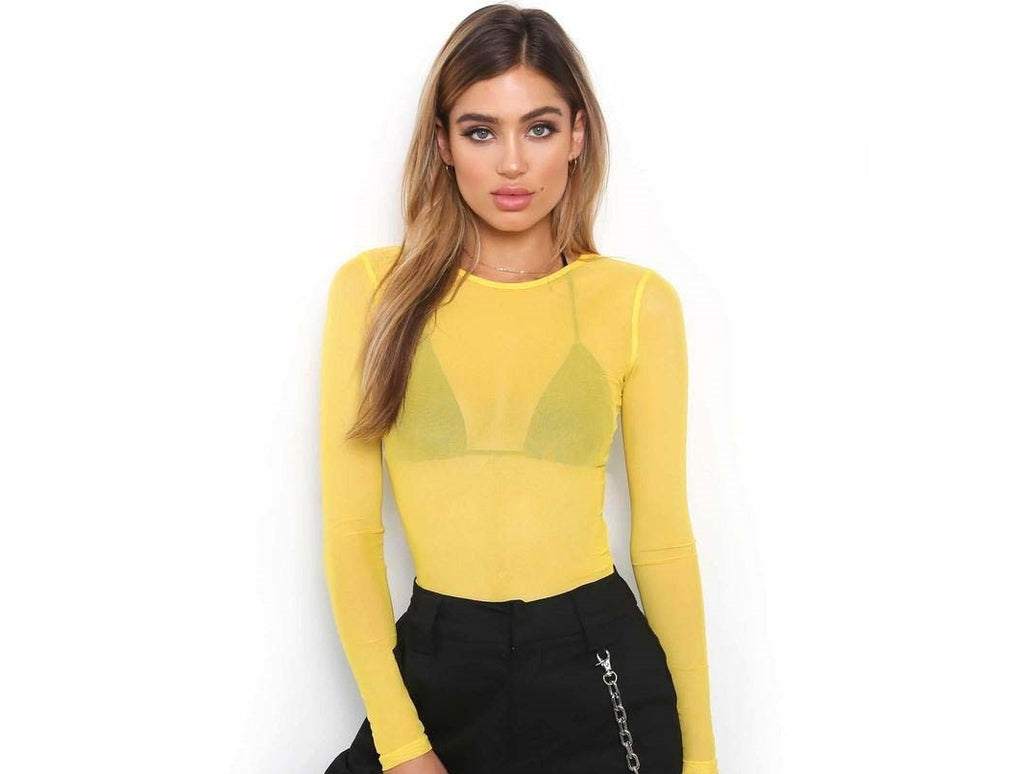 New Spring And Summer Solid Color Sexy Round Neck Long-sleeved Mesh Perspective Women's Shirt T-shirt High-elastic Inner Bottoming