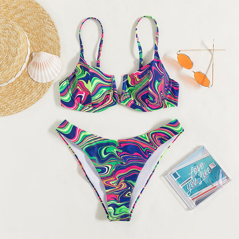 Bikini Two-piece Patterned Suspender Swimsuit