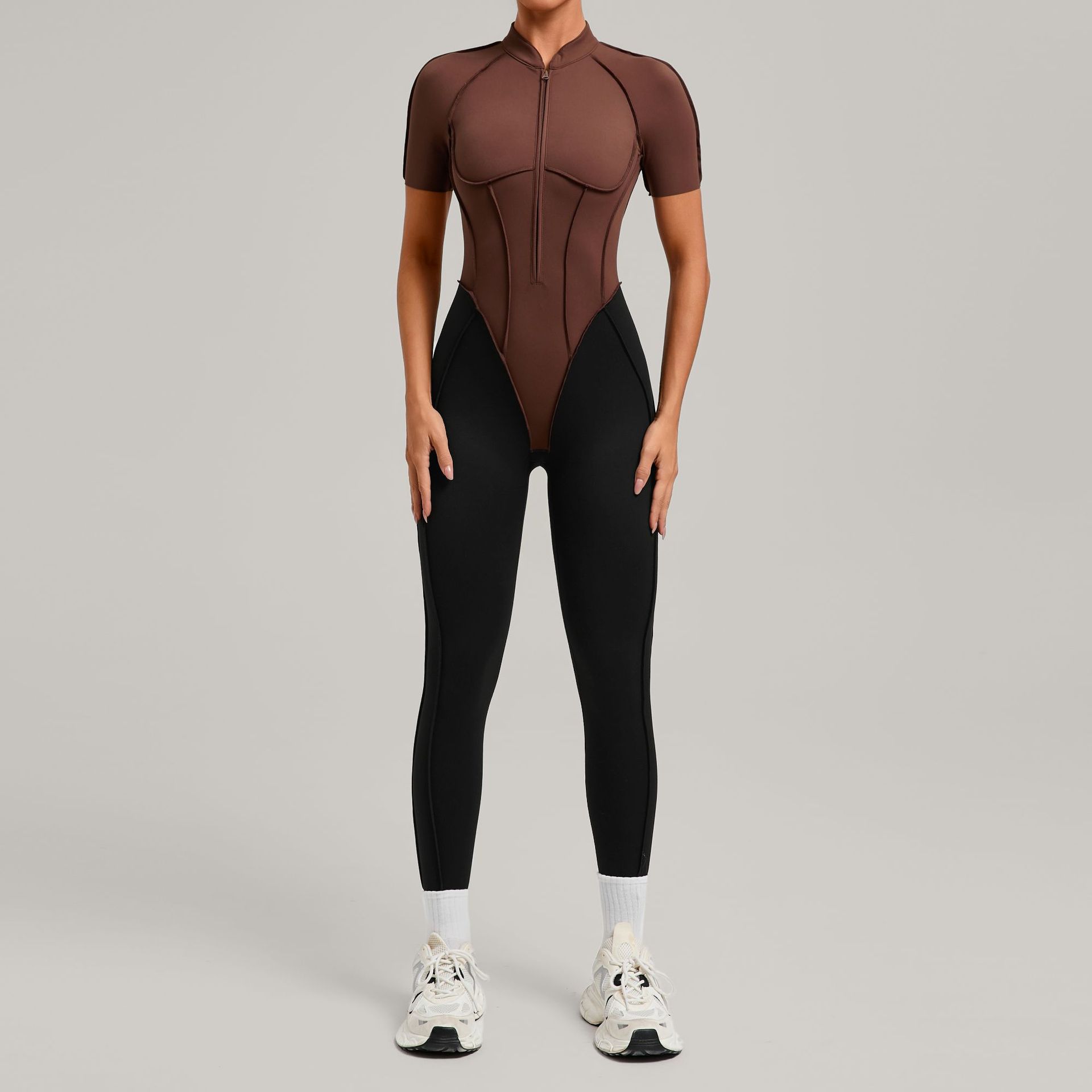 Womens Color Block Spliced Athletic Yoga Jumpsuit
