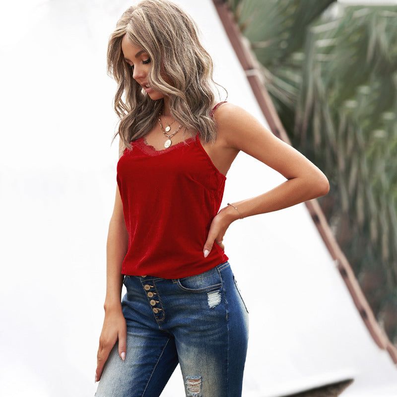 Velvet Spaghetti Straps Base Vest Inner Match Loose Lace Camisole Top