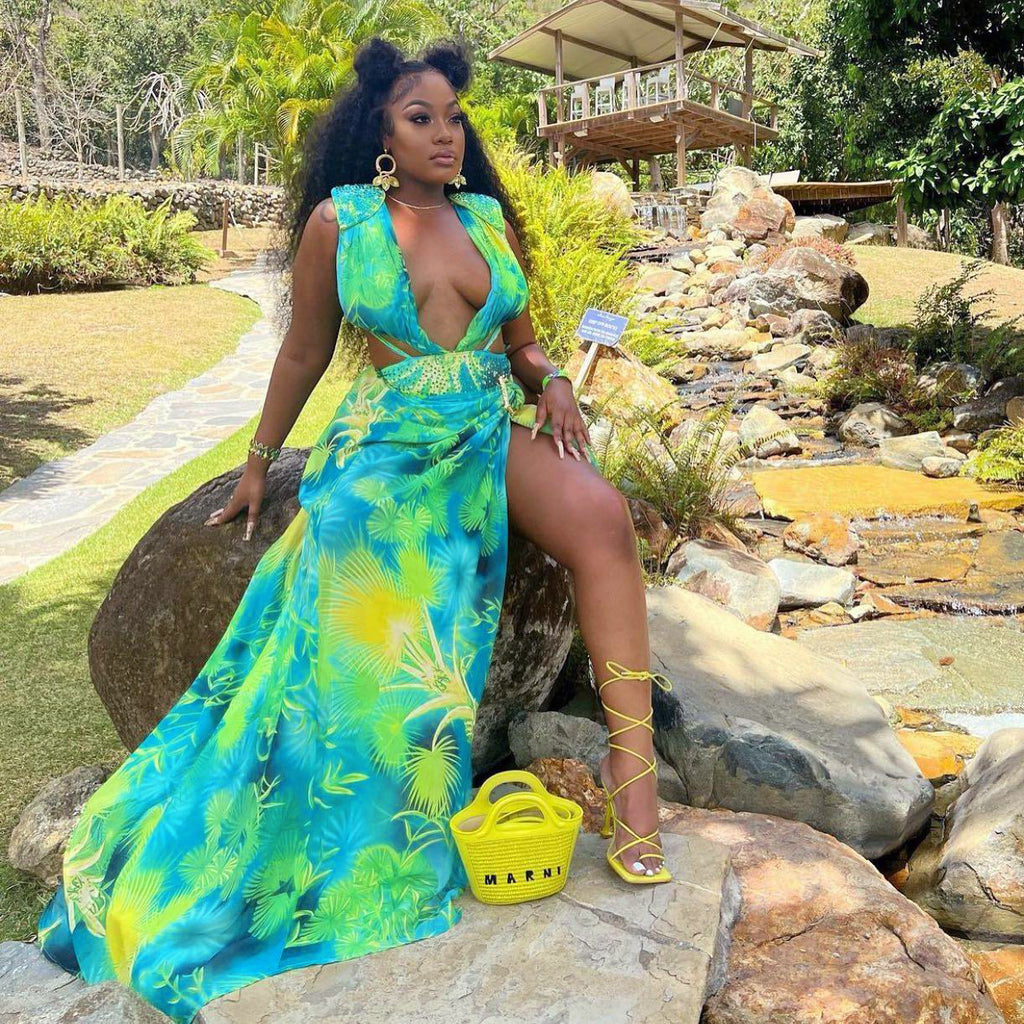 Sleeveless Cardigan Printed Swimsuit Two-piece