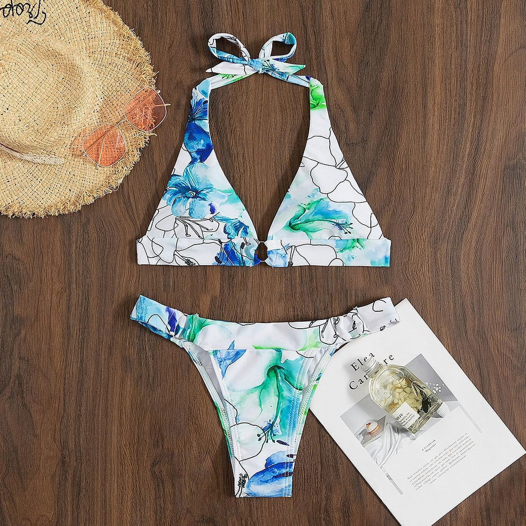 Floral Print Lace Up Bikini Women's Split Swimsuit