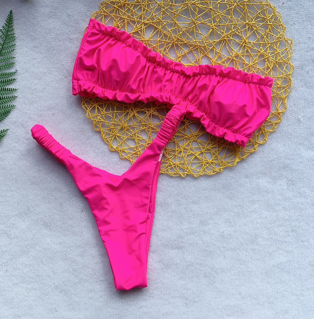 Solid Color Women's Split Chest Pad Swimsuit Bikini