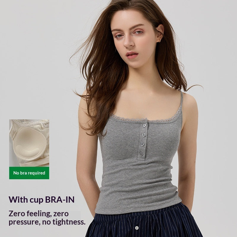 Bra With Cups Suspender Camisole Lace Trim Buttoned Slim-Fit Figure-Hugging InnerOuter Layer Base Top
