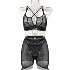 Women's Fashion Pure Color Mesh Cross Shapewear Three-piece Set