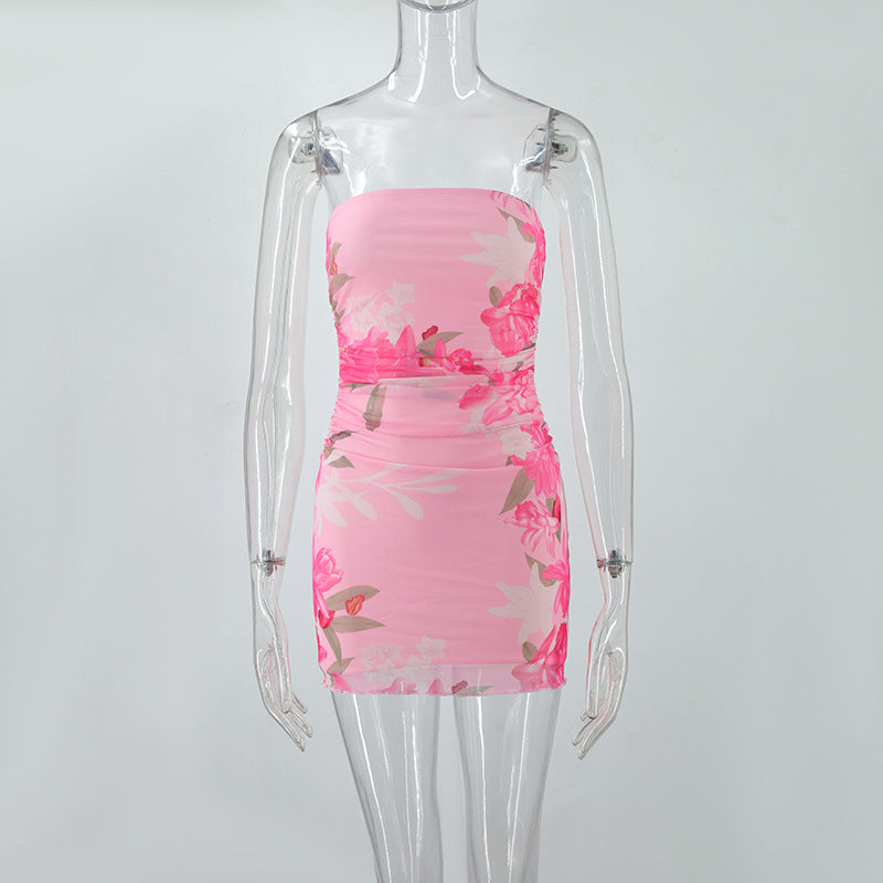 Tube Top Printed Slim Fit Pleated Double Layer Dress