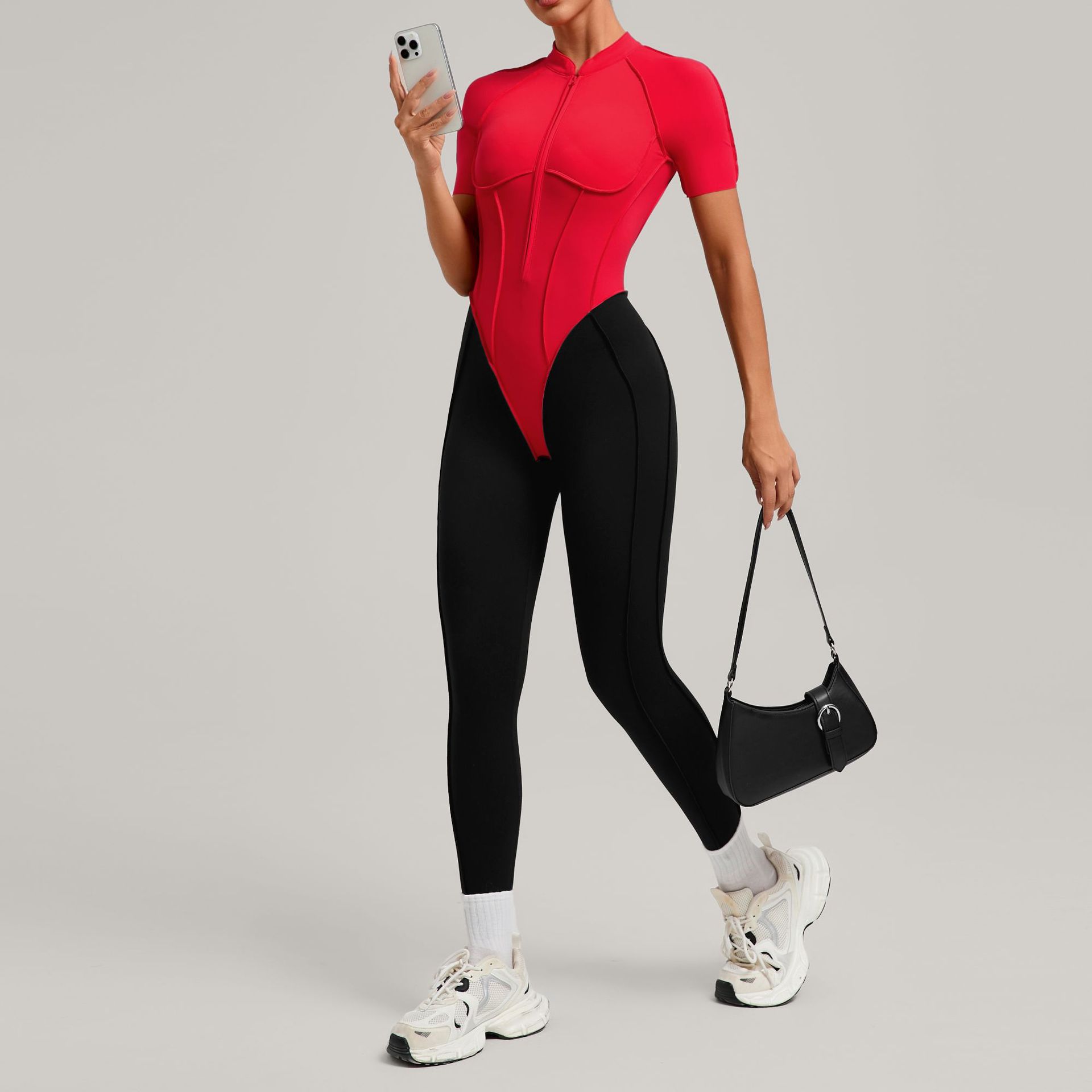 Womens Color Block Spliced Athletic Yoga Jumpsuit