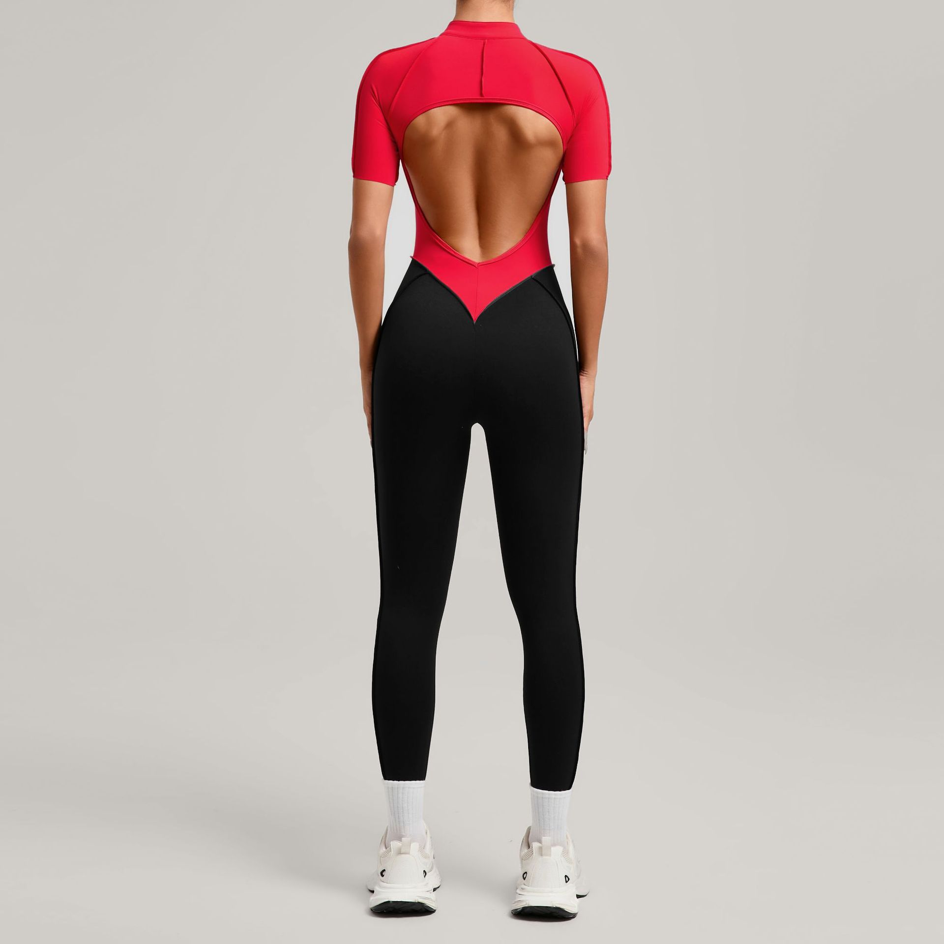 Womens Color Block Spliced Athletic Yoga Jumpsuit