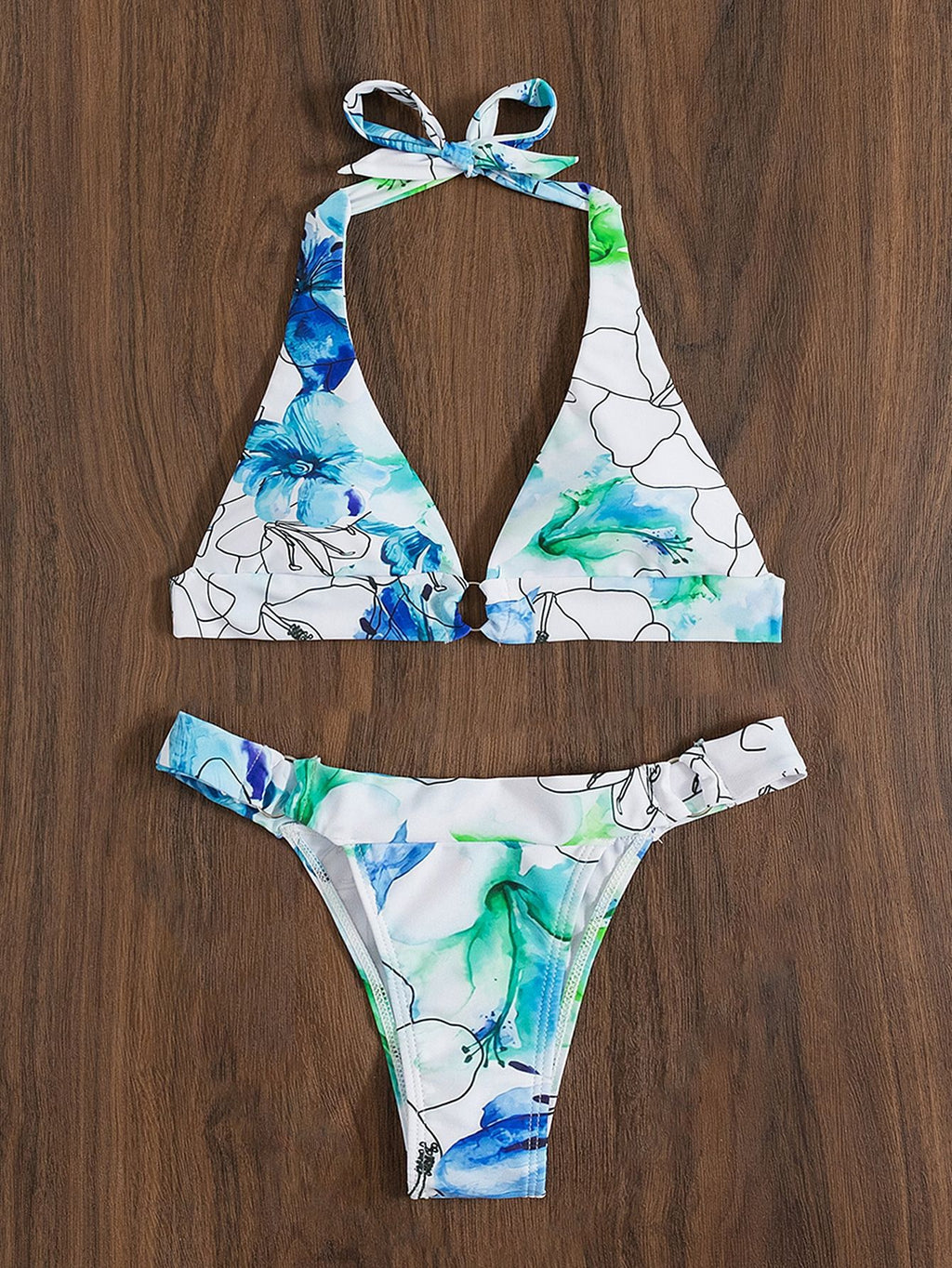 Floral Print Lace Up Bikini Women's Split Swimsuit