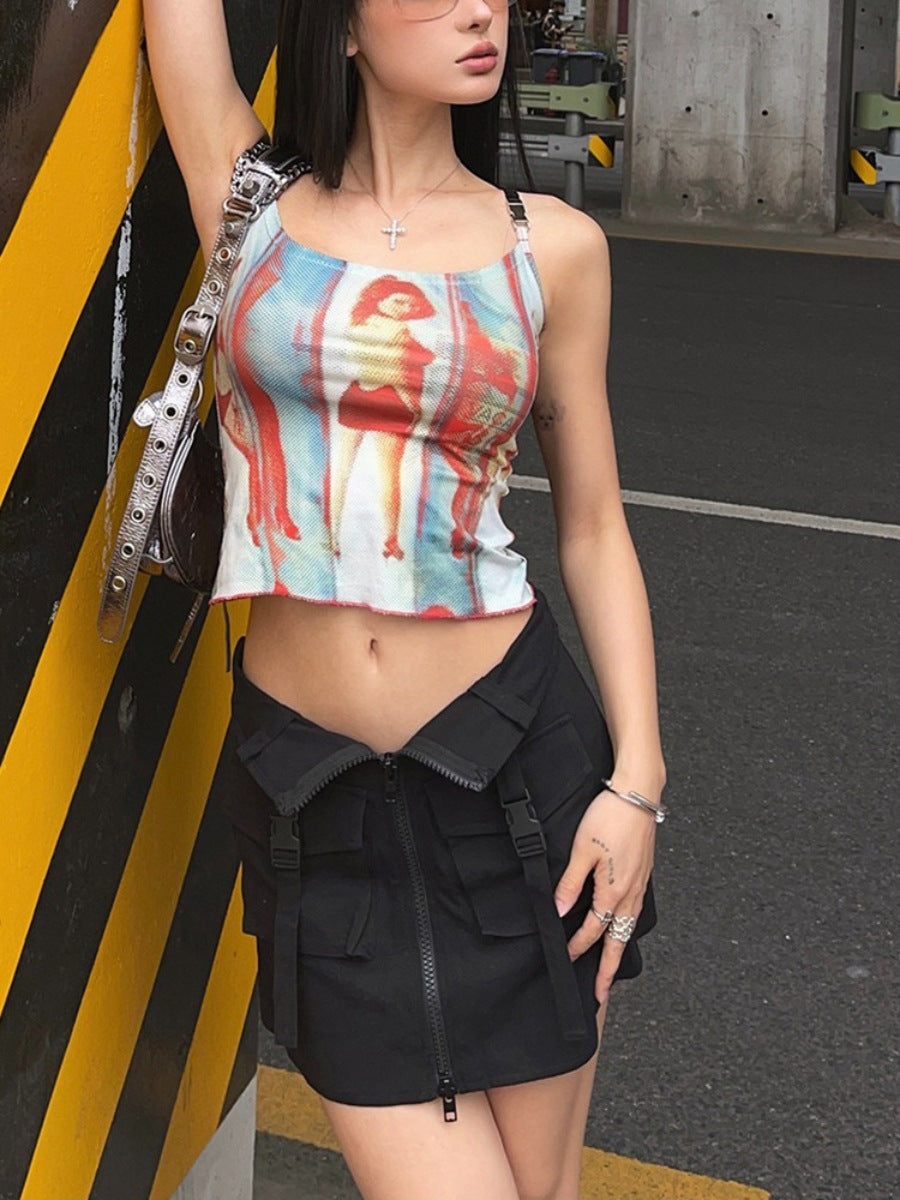 Vintage Fashion Print Base Color Contrast Halter Halter