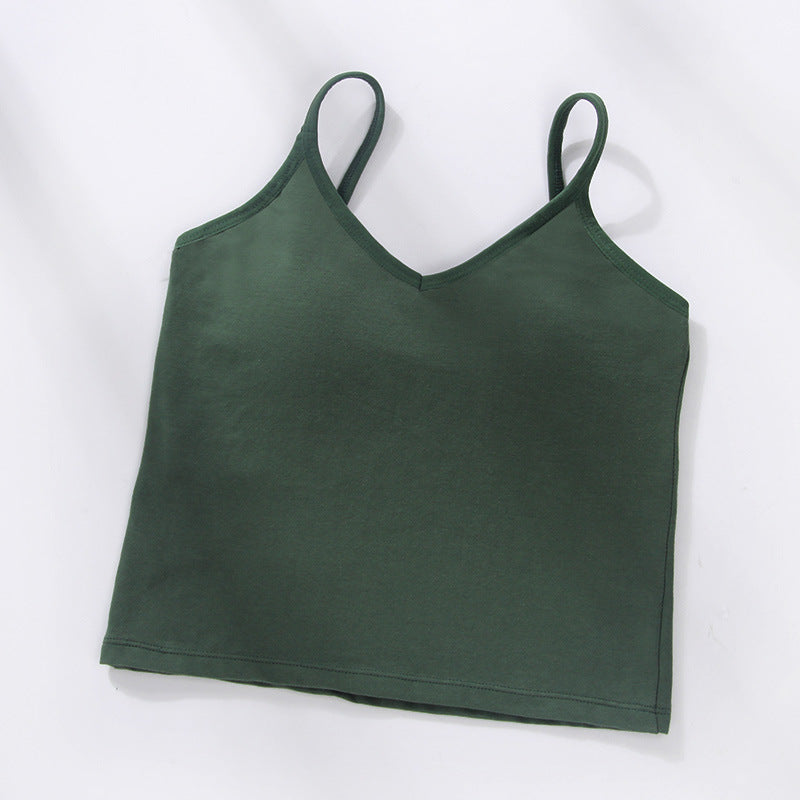 U Back Gathered Cotton Cropped Tank Top Women's Base Ride Chest Wrap Underwear Integrated Fixed Cup Wireless Spaghetti-strap Tube Top