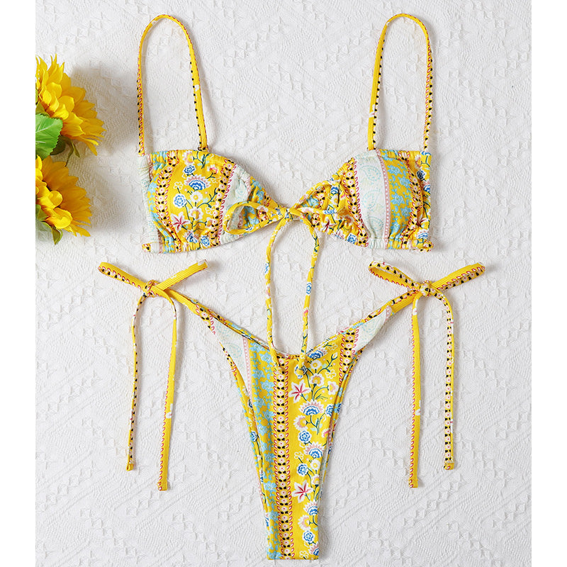 Chinese Style Printed Sub-system Belt Swimsuit