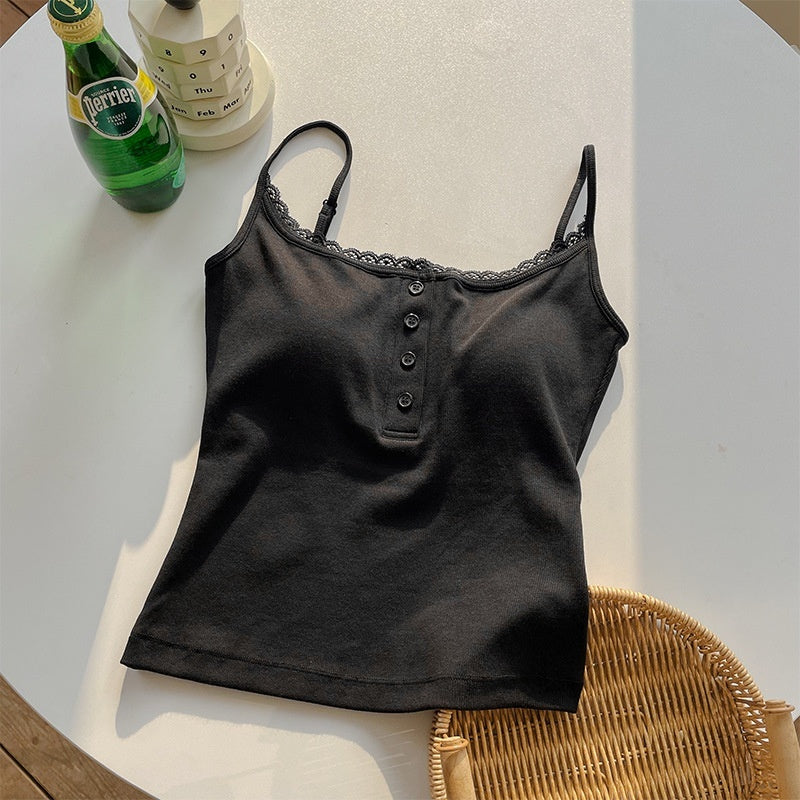 Bra With Cups Suspender Camisole Lace Trim Buttoned Slim-Fit Figure-Hugging InnerOuter Layer Base Top