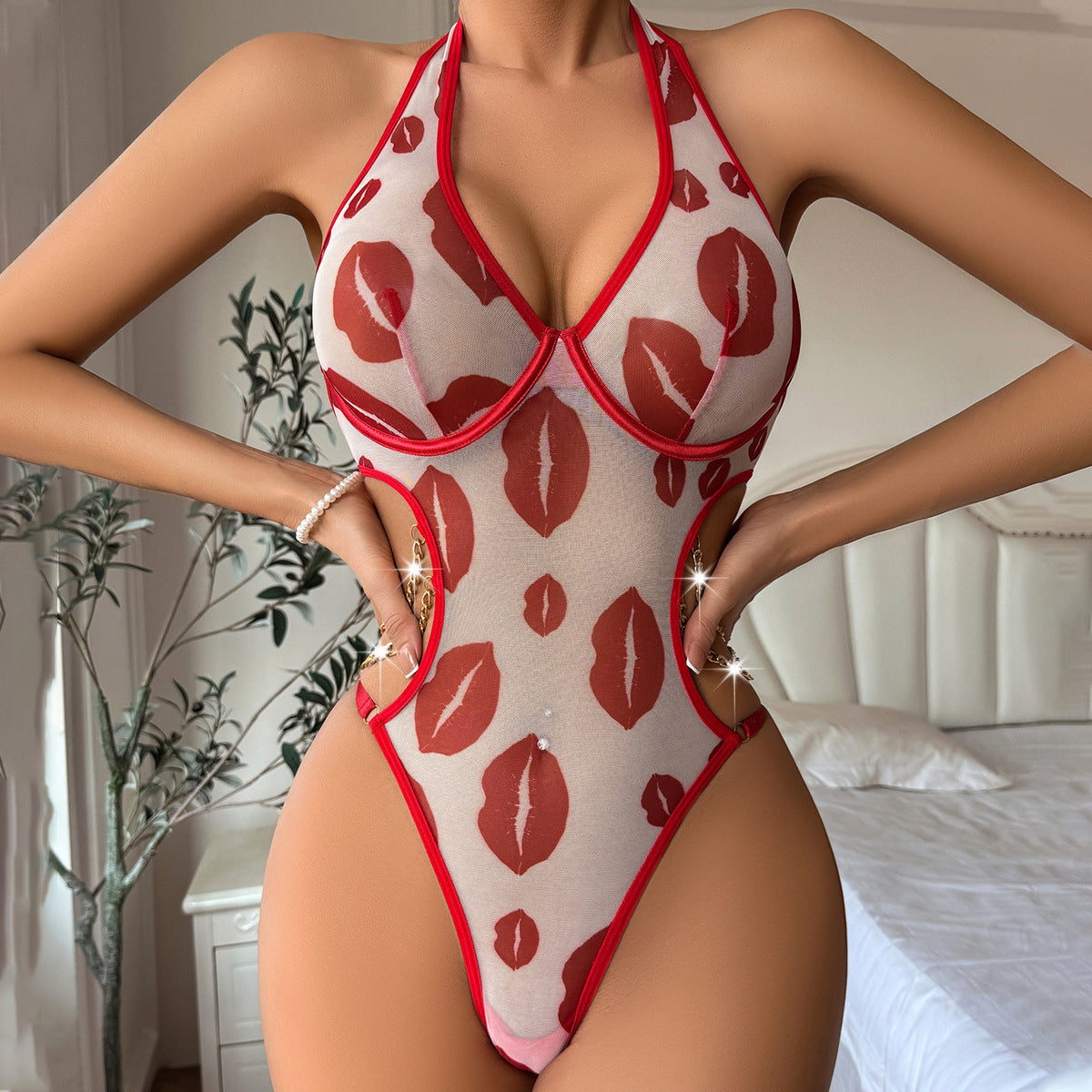 Mesh Halter Beauty Back Chain Jumpsuit
