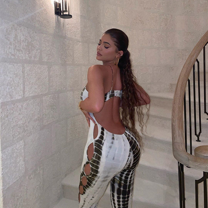 Women's Sling Sleeveless Hollow  Back Print Jumpsuit Women