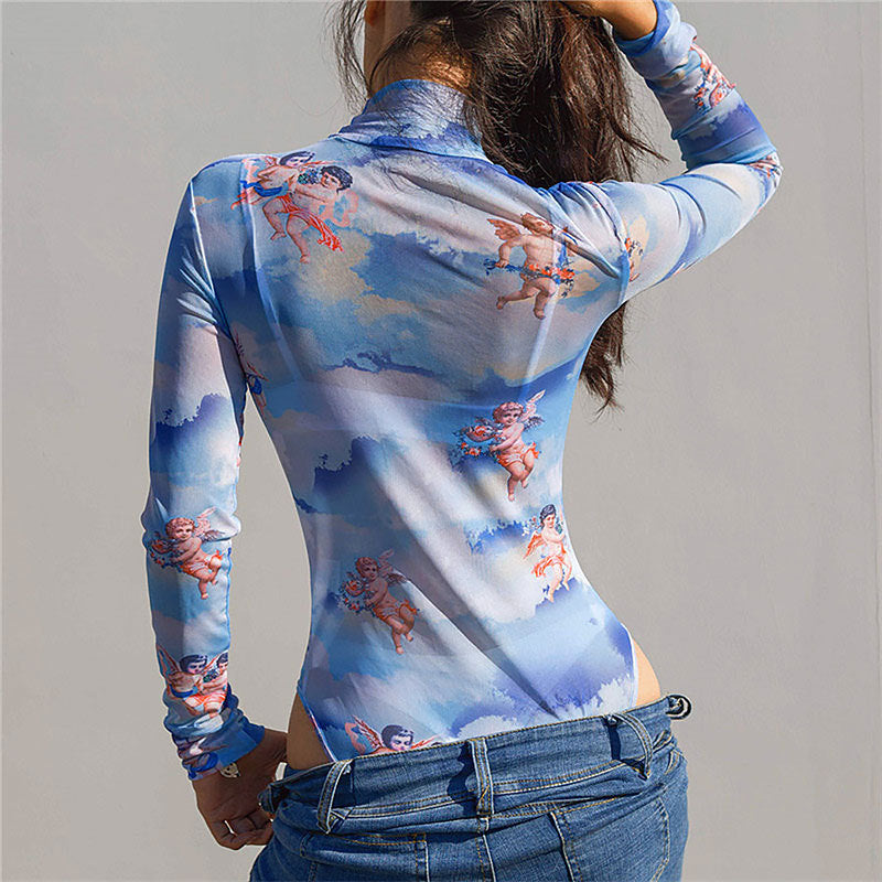 European And American Angel Net Printed Long Sleeve Jumpsuit