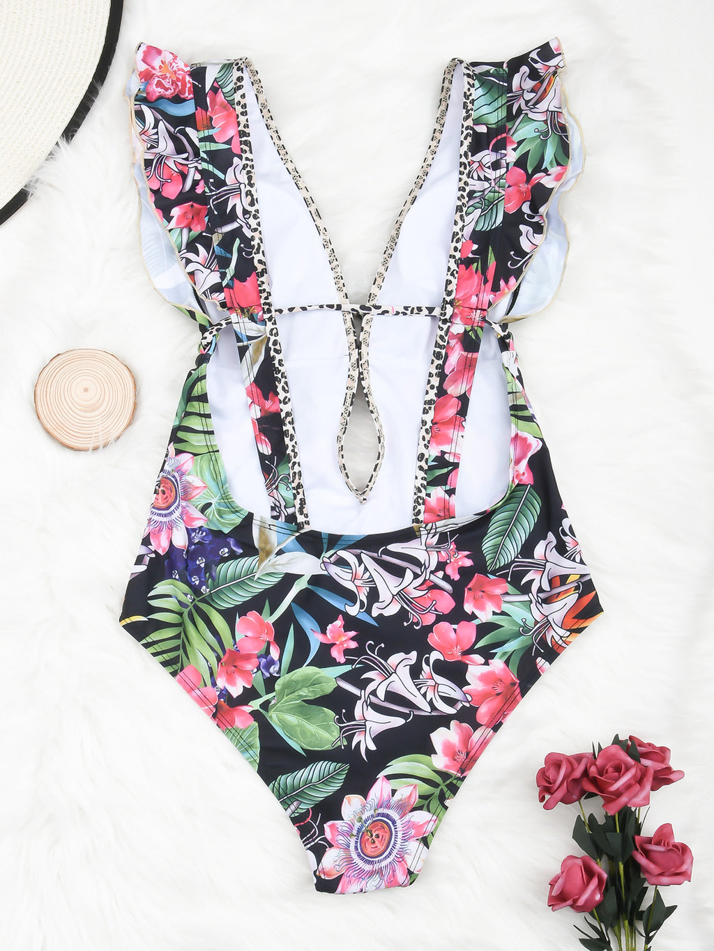 Fashion Ruffled Deep V One-piece Swimsuit