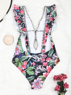 Fashion Ruffled Deep V One-piece Swimsuit