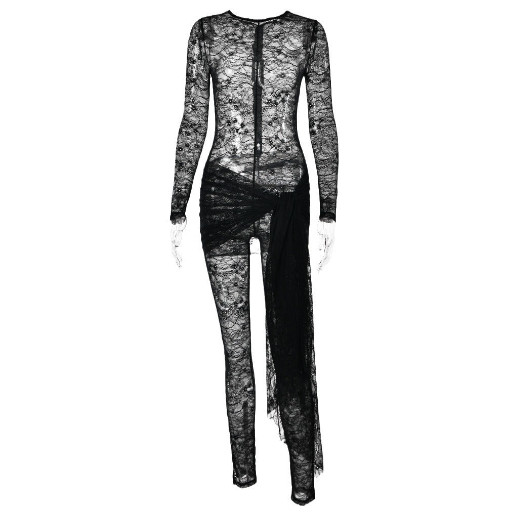 Women's Graceful And Fashionable Lace Up Lace Pattern Jumpsuit