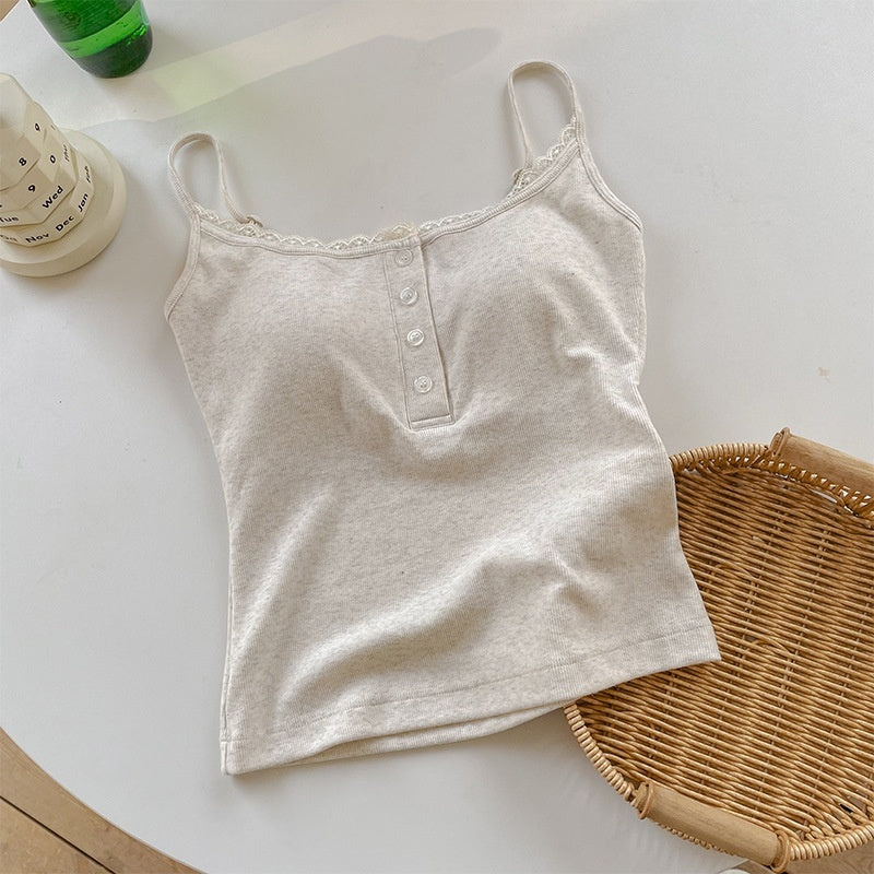 Bra With Cups Suspender Camisole Lace Trim Buttoned Slim-Fit Figure-Hugging InnerOuter Layer Base Top