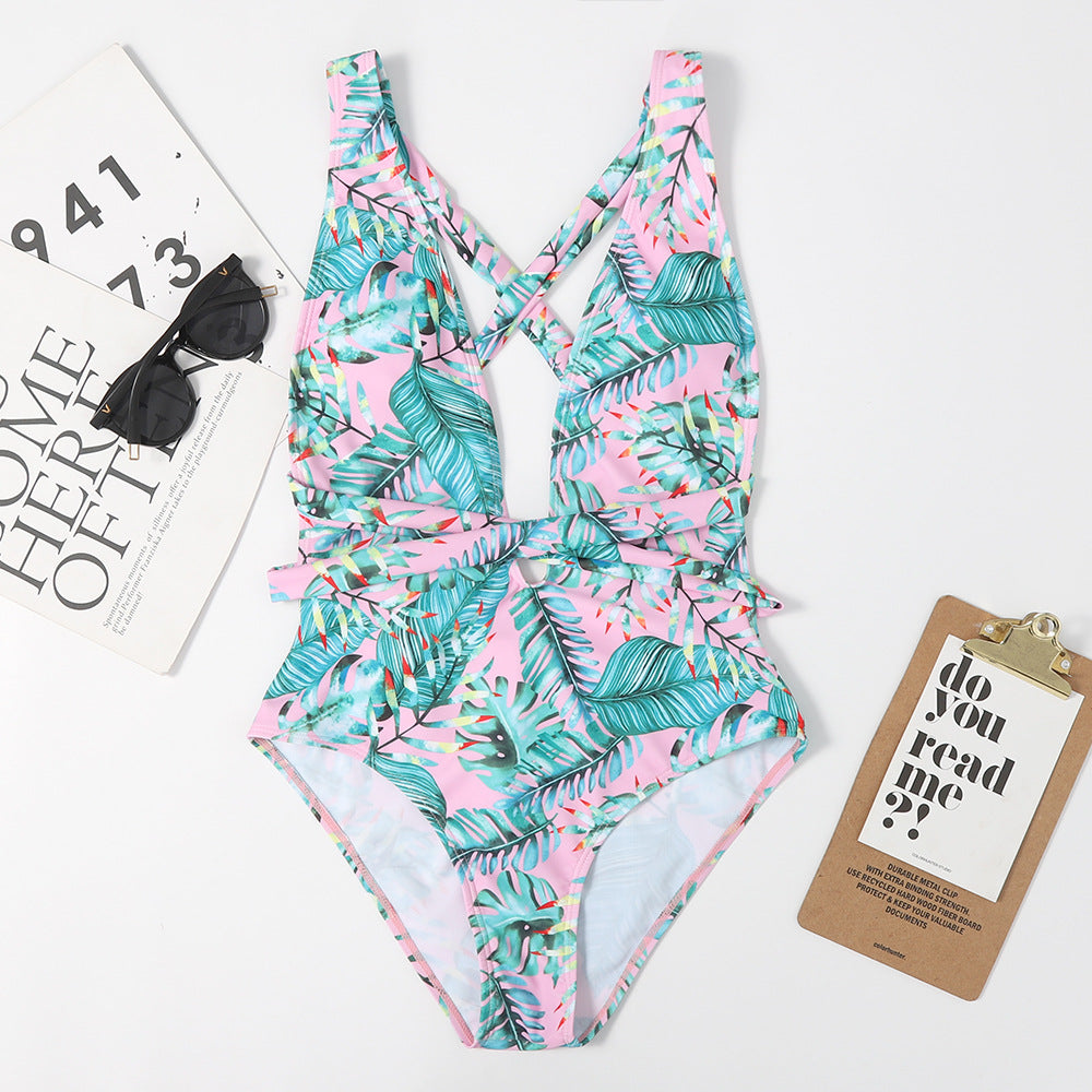 One-piece Swimsuit Korean Small Floral Girl  Chest Gathered Slim Body Cover Belly Vacation Swimsuit