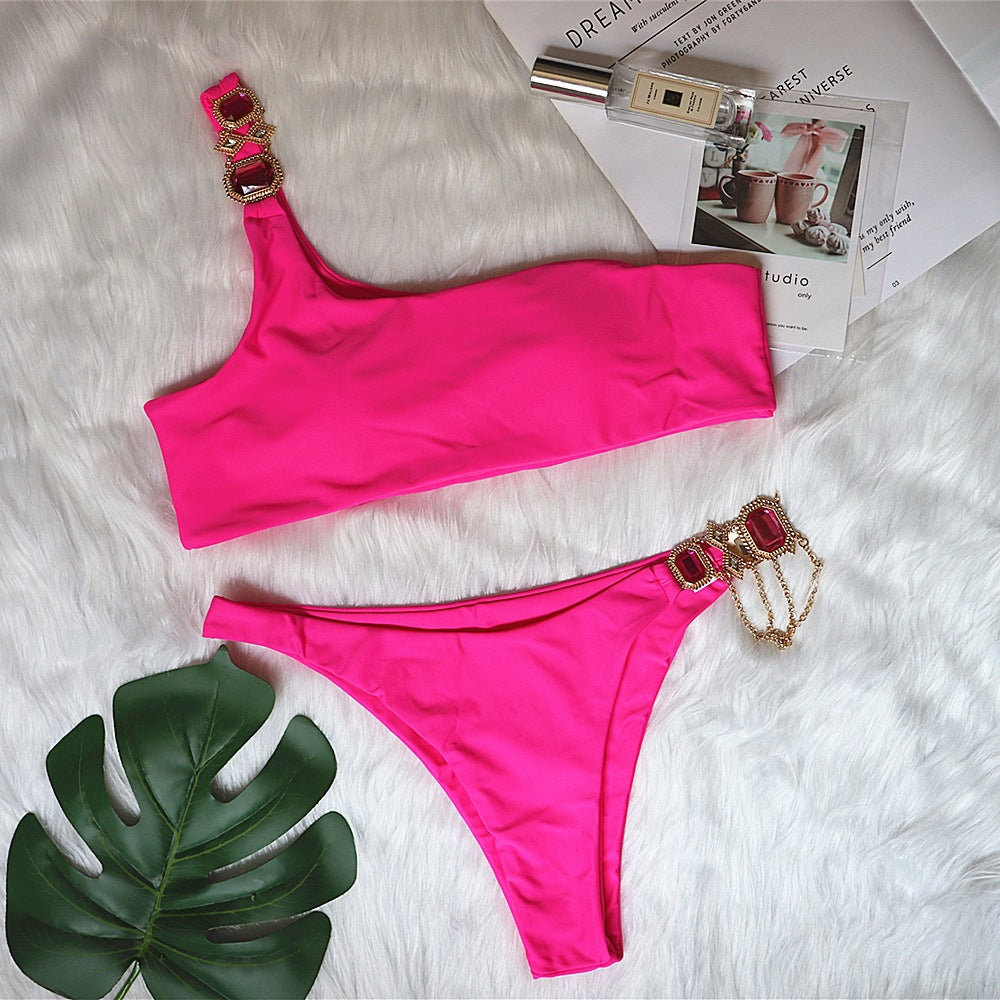 New Swimsuit Luxury Crystal Diamond Chain Women's Split Swimsuit Plain One Shoulder European And American Bikini