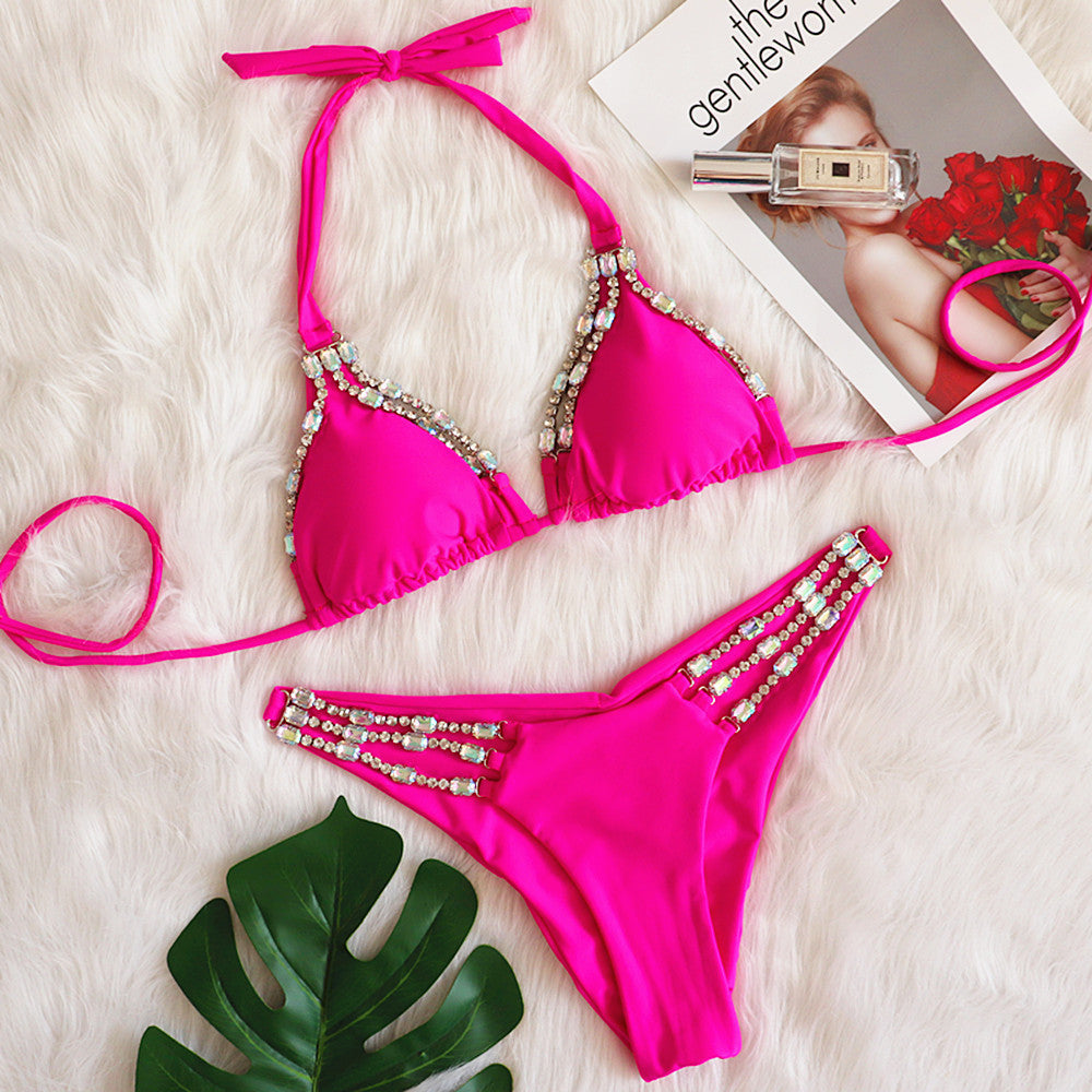 Metal Diamond Studded Chain Strap Women's Fission Swimsuit