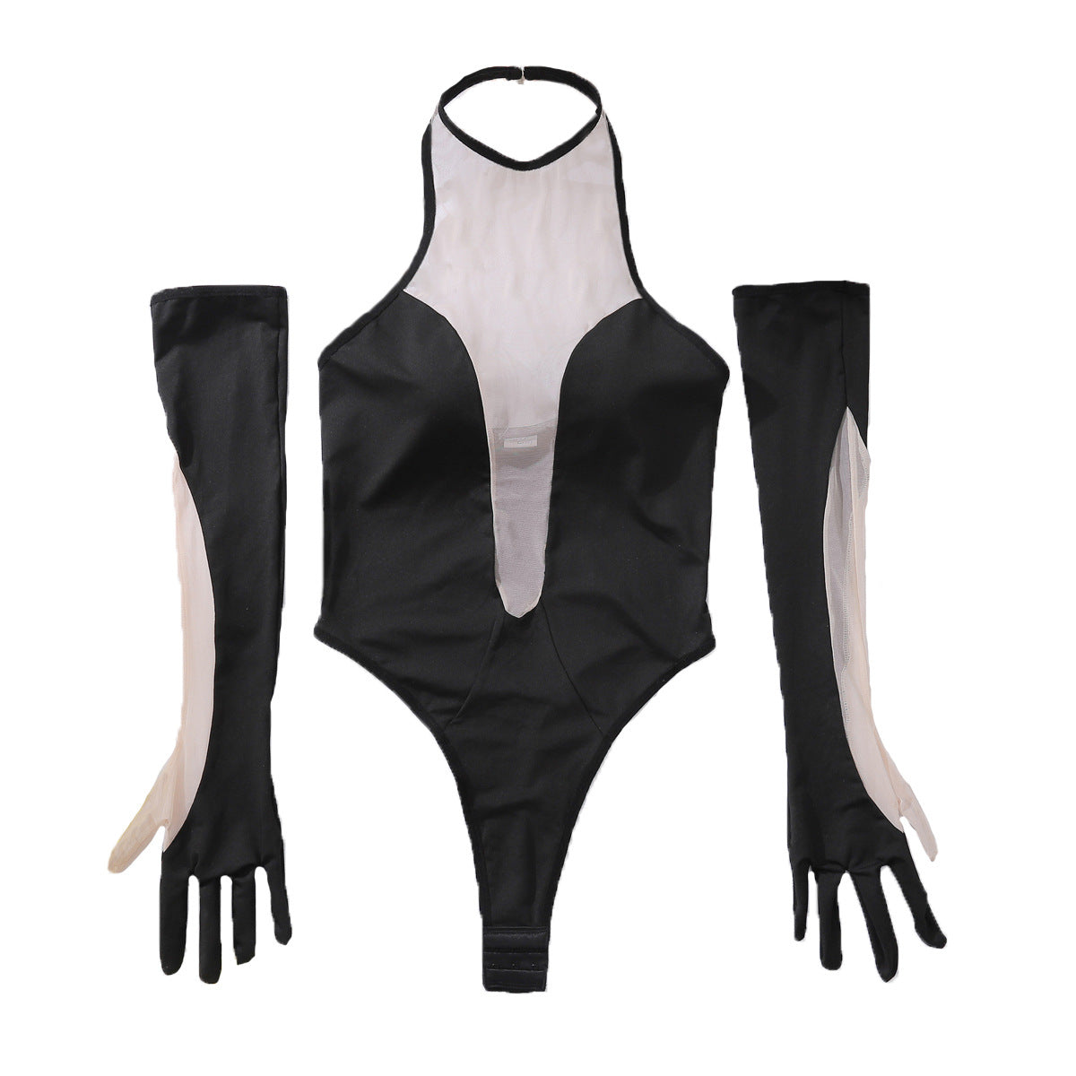 Jumpsuit Irregular Tight Sheer Mesh Joint Gloves