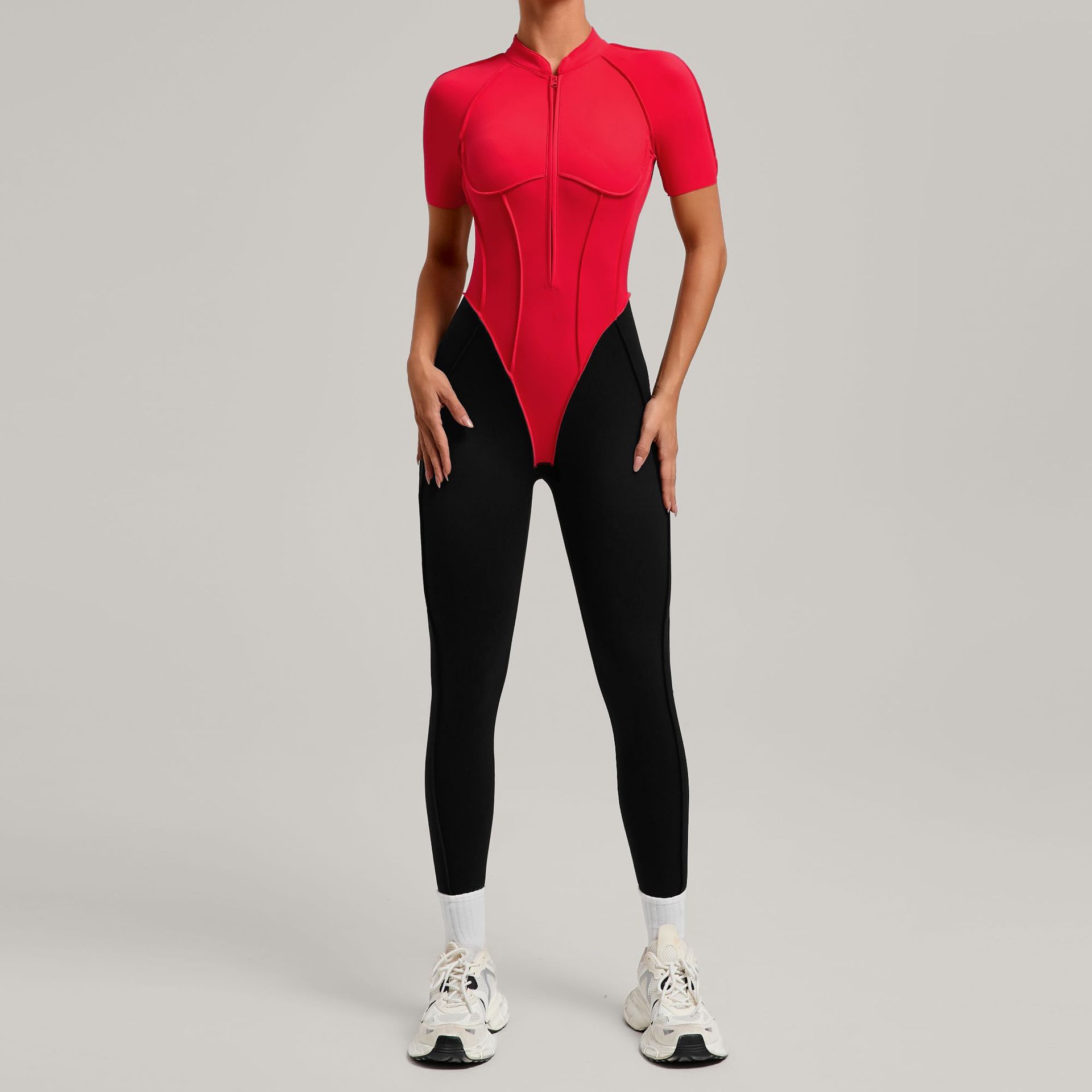 Womens Color Block Spliced Athletic Yoga Jumpsuit