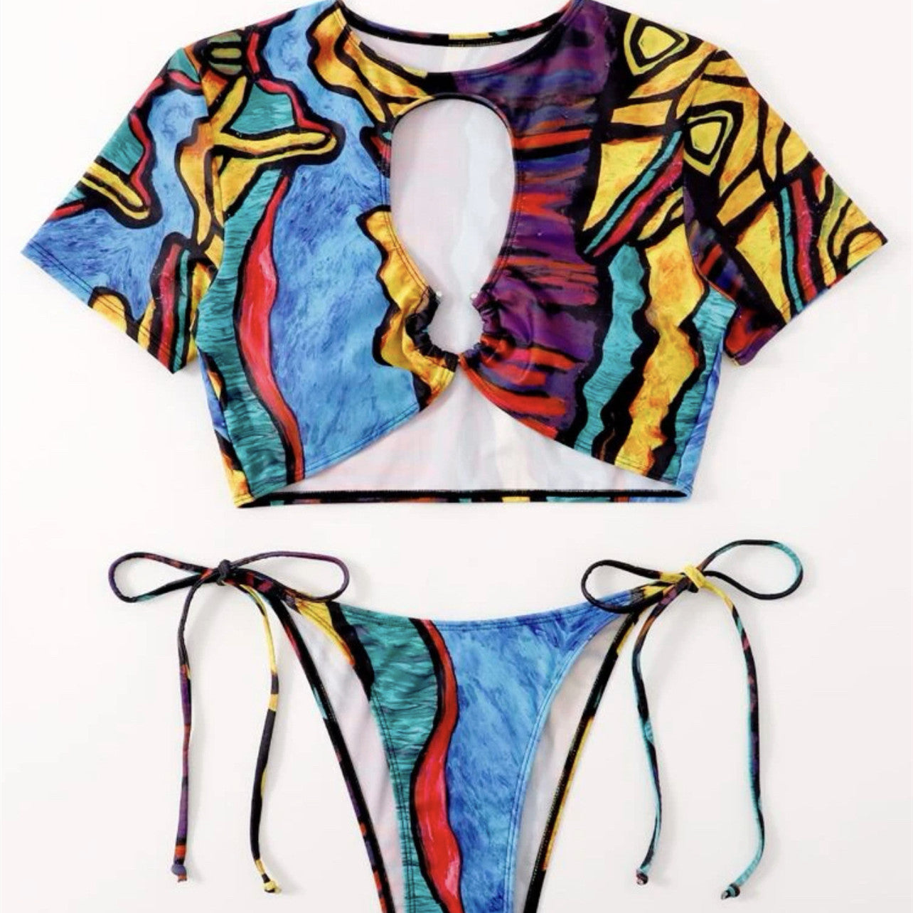 Women's Fashion Print Split Hollow Bikini Swimsuit