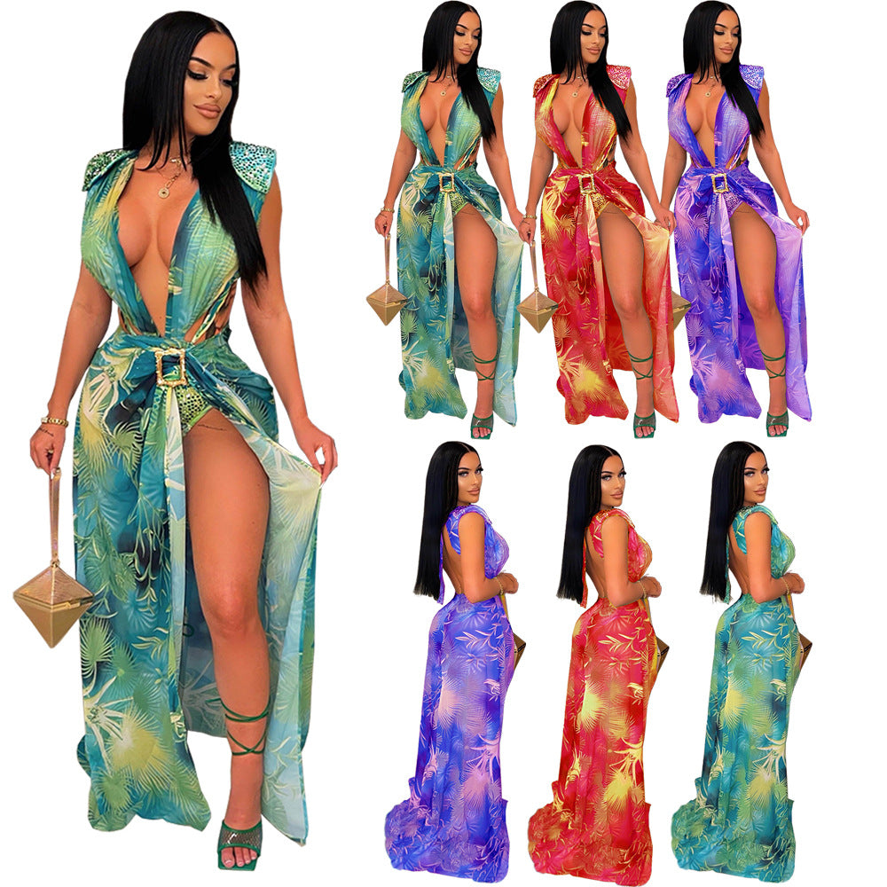 Sleeveless Cardigan Printed Swimsuit Two-piece