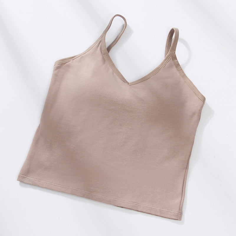 U Back Gathered Cotton Cropped Tank Top Women's Base Ride Chest Wrap Underwear Integrated Fixed Cup Wireless Spaghetti-strap Tube Top