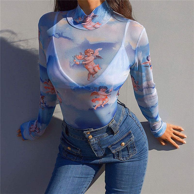 European And American Angel Net Printed Long Sleeve Jumpsuit
