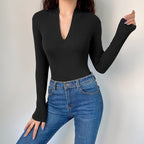 Retro V-neck Slim Long-sleeved T-shirt Jumpsuit