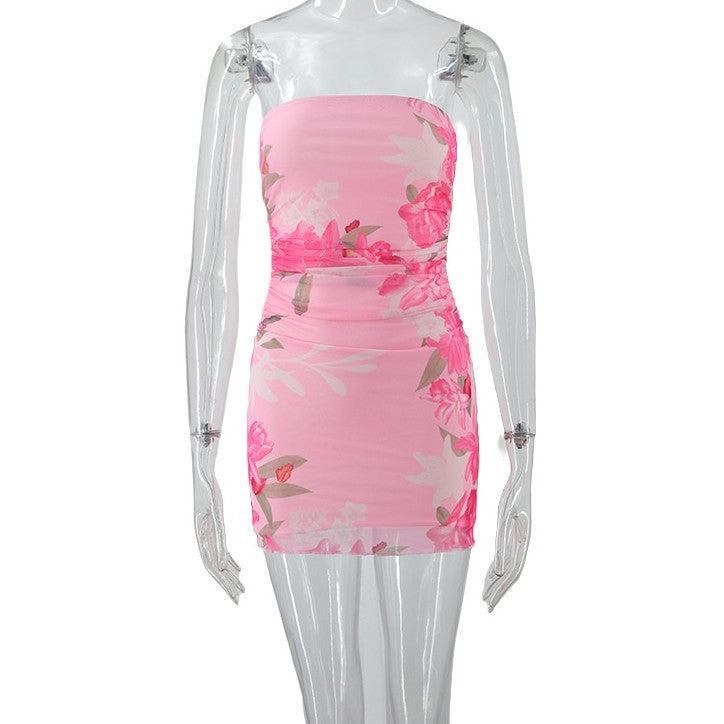 Tube Top Printed Slim Fit Pleated Double Layer Dress