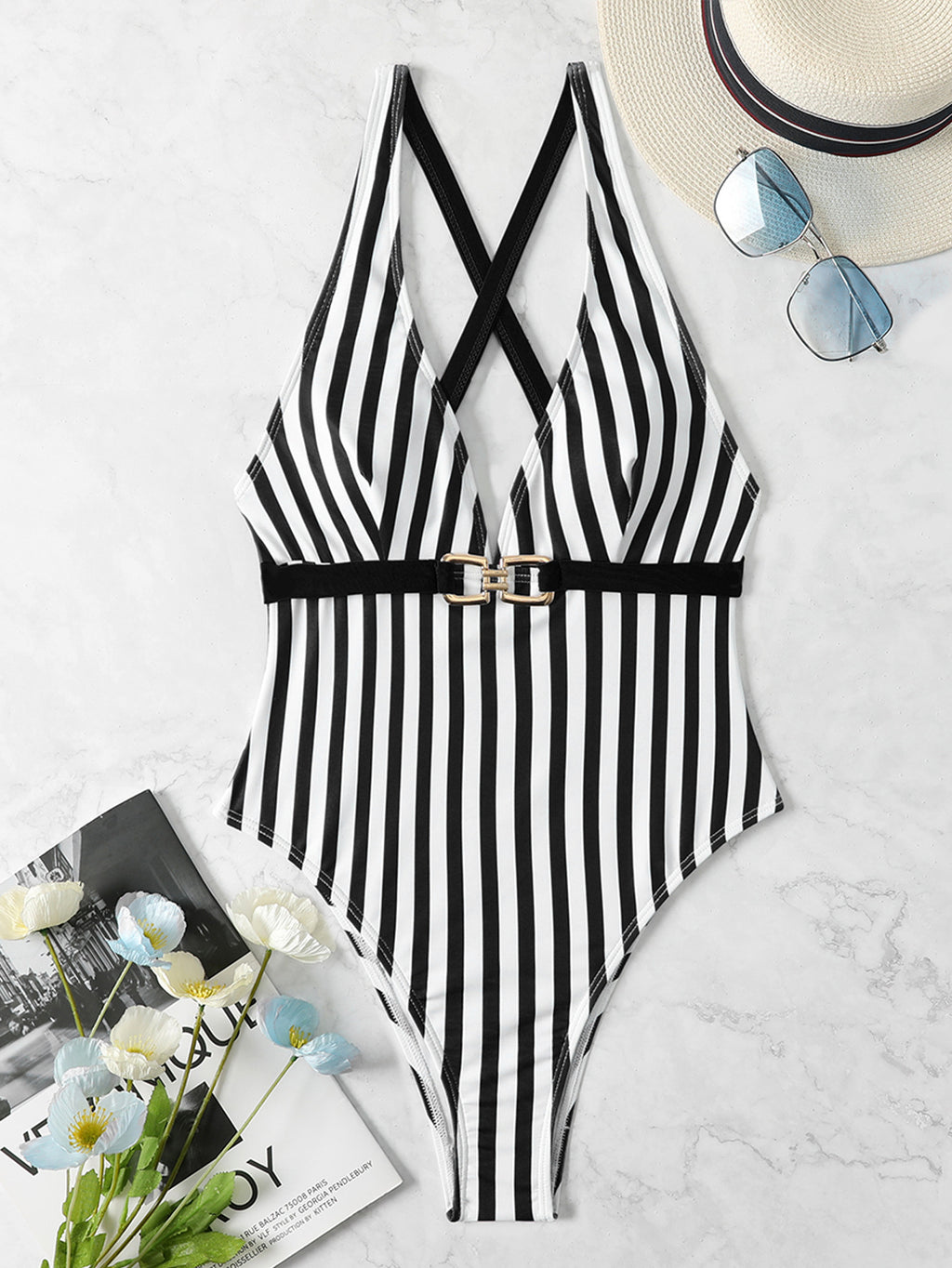 Black And White Striped One-piece Swimsuit Bikini