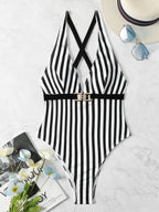 Black And White Striped One-piece Swimsuit Bikini